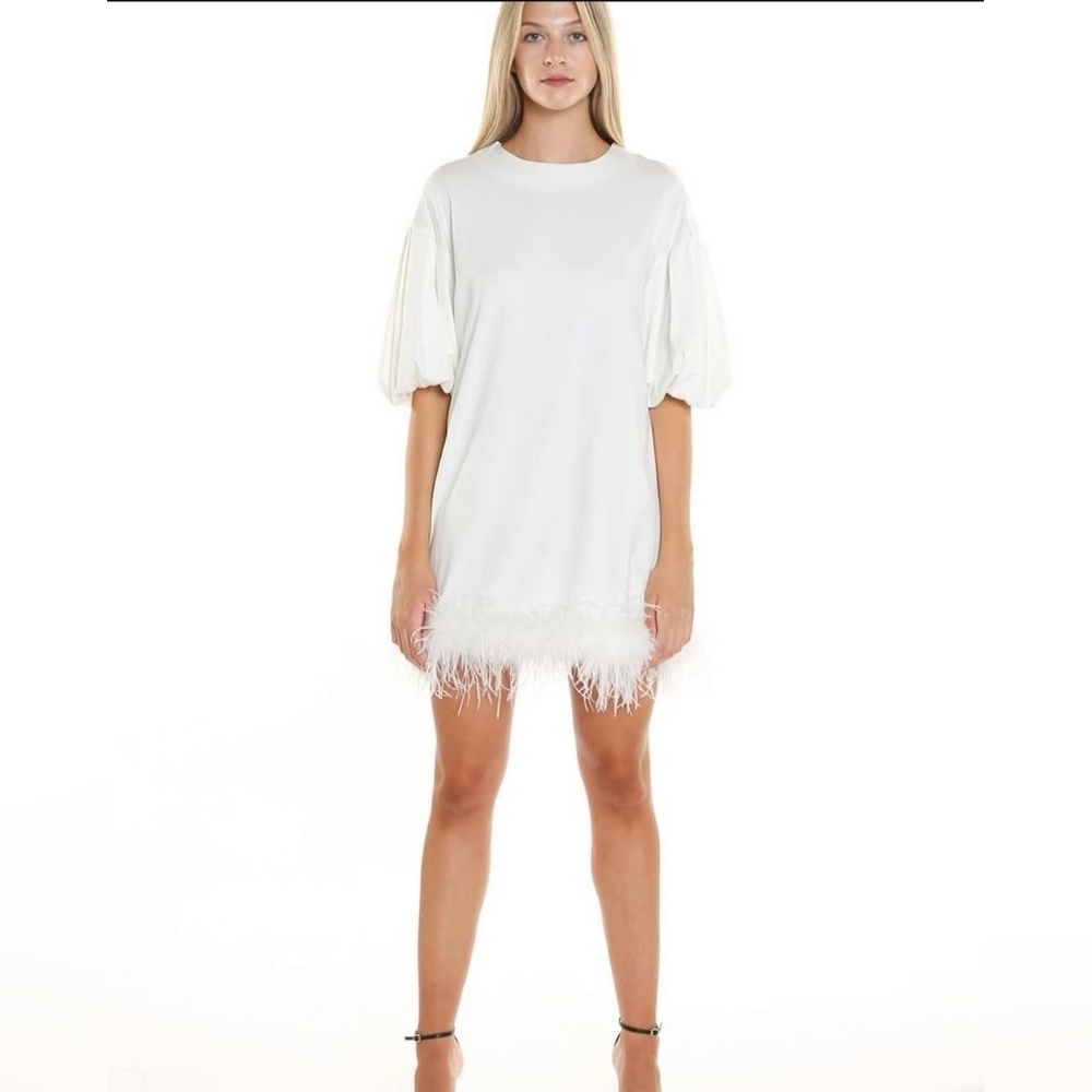 White Feather Dress with Balloon Sleeves Medium NWT